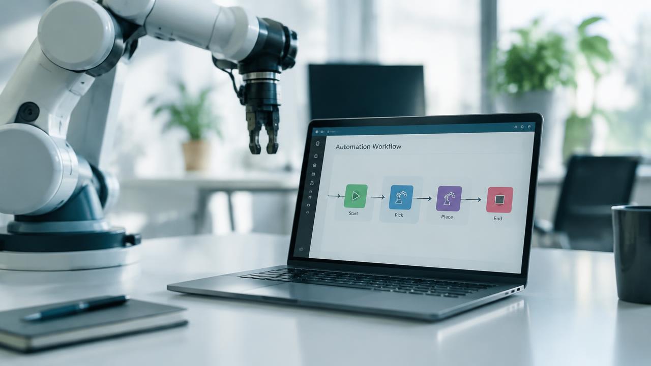 Robotic arm next to a laptop showing an automation workflow