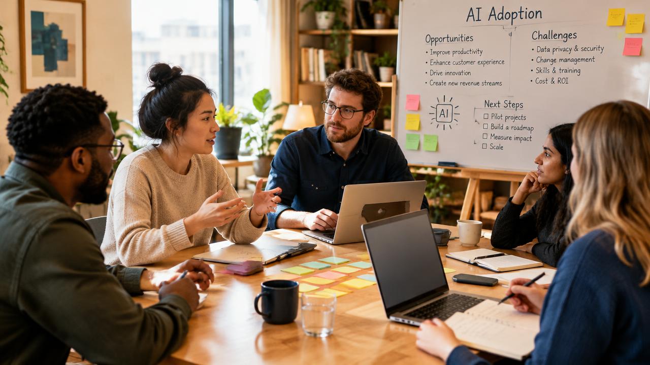 Team discussing AI adoption around a table