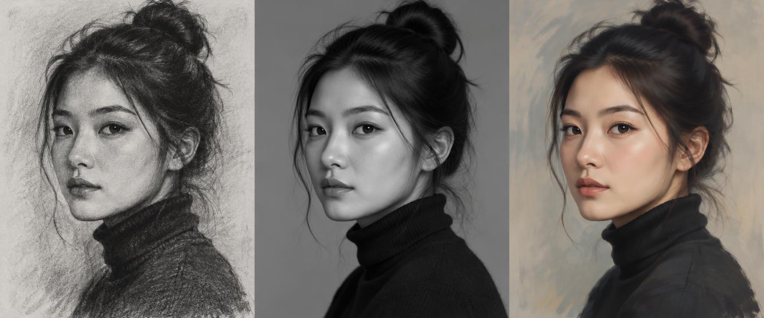 Same portrait in three styles