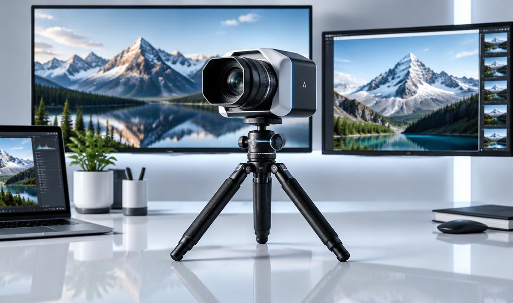 Camera in front of screens showing mountain photos