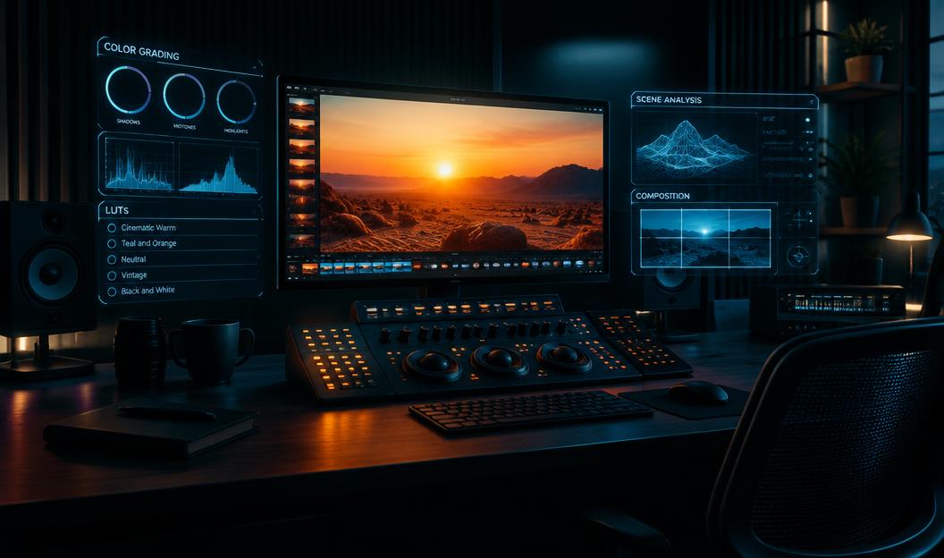 Editing desk with a monitor showing a desert sunset