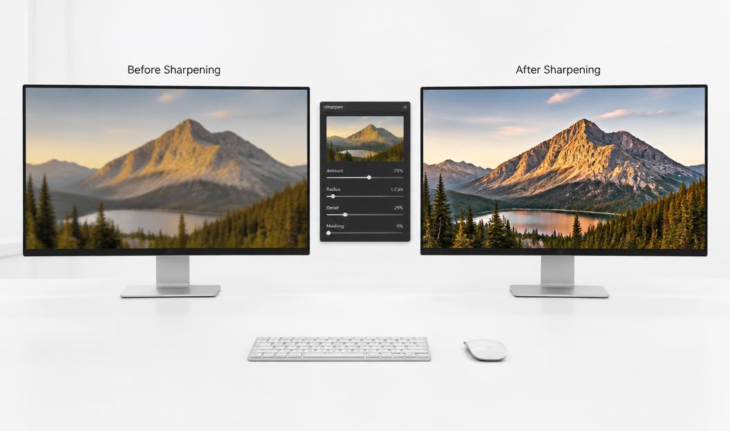 Two monitors showing a landscape before and after upscaling